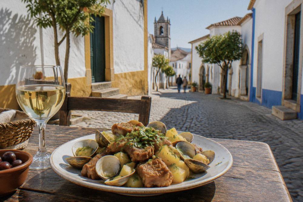 A plate of carne de porco a alentejana with fried pork, clams, potatoes and coriander on a rustic table