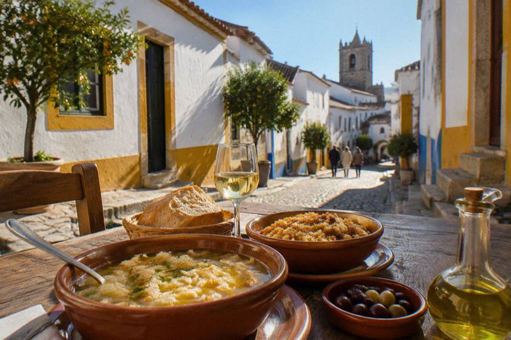 Bowls of açorda bread soup and migas served with olives and olive oil on a wooden table