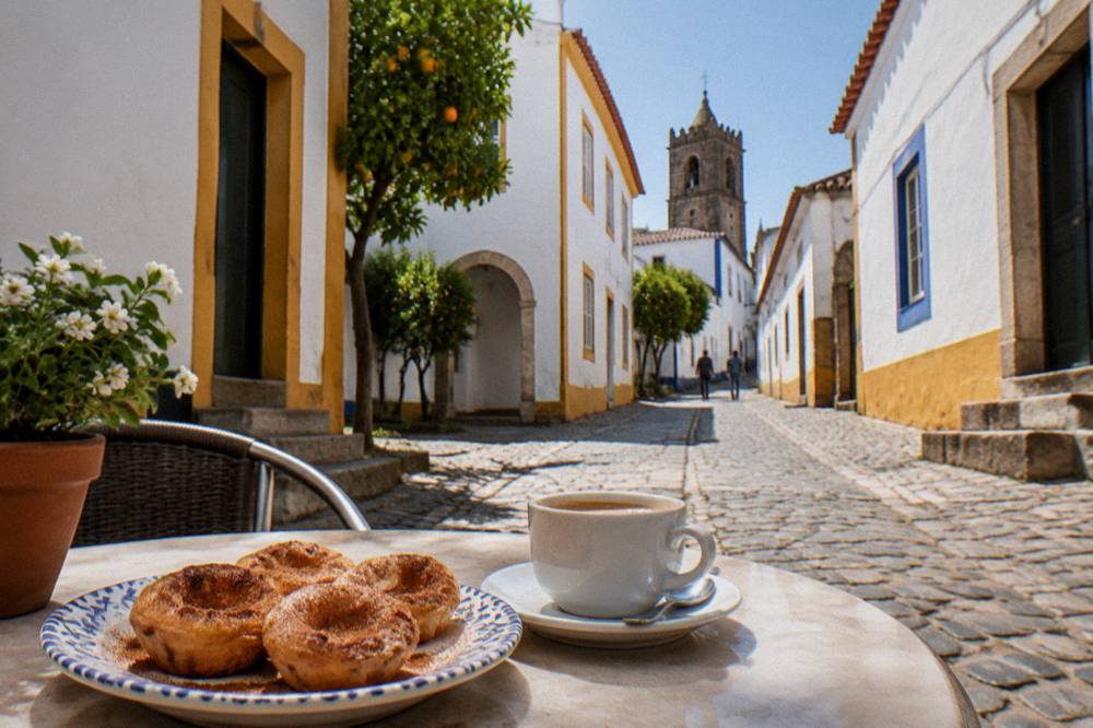 Small convent sweets dusted with cinnamon arranged on a ceramic plate beside coffee