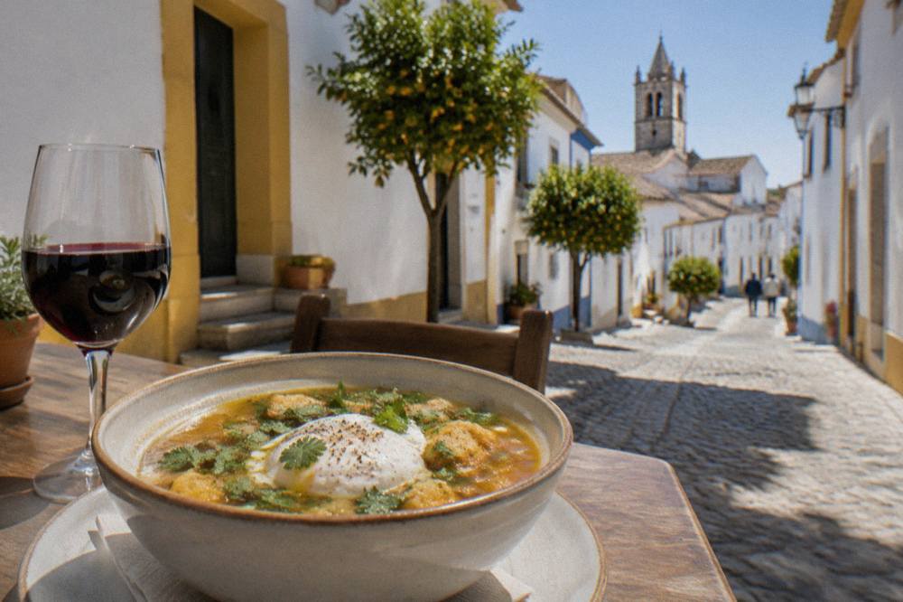 A bowl of bread soup with coriander and a poached egg beside a glass of red wine