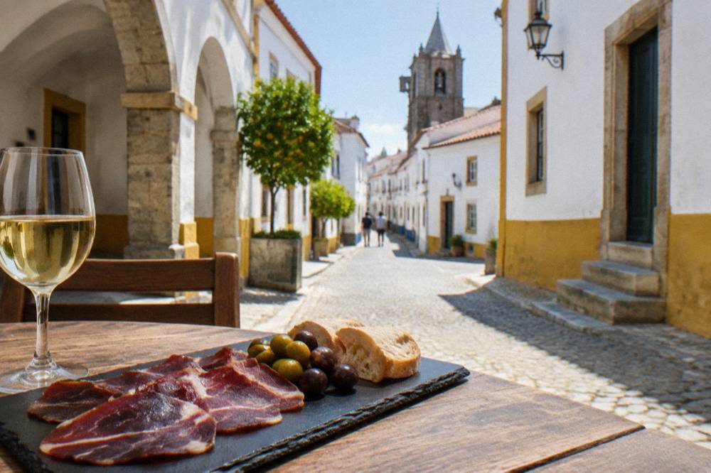 Thin slices of cured black Iberian pork with olives and bread on a slate board