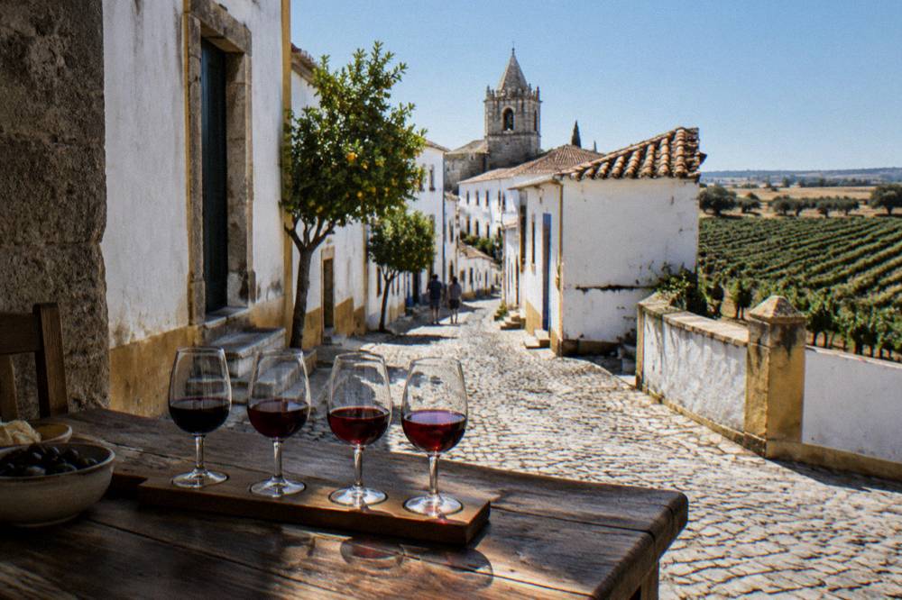 A tasting flight of red Alentejo wines on a wooden table beside vineyards