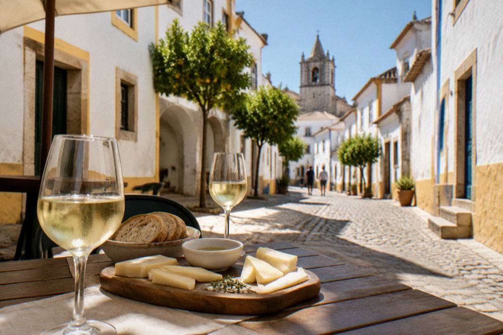 A shaded terrace table with white wine and a platter of cheese and bread on a warm afternoon