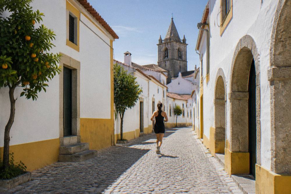 A hilltop Alentejo village with white houses seen across vineyards and cork oaks