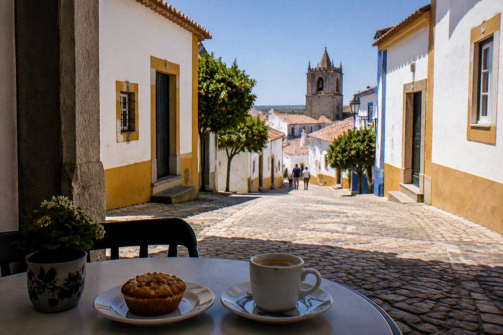 A slow afternoon table with coffee, a small almond cake and a view over whitewashed houses