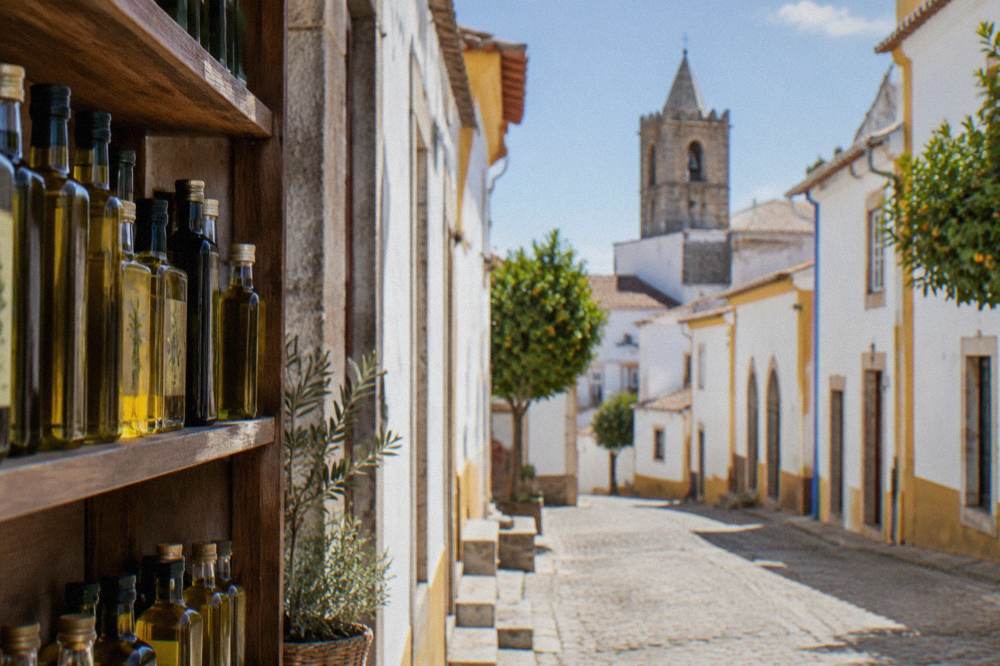 Bottles of regional olive oil on a shop shelf in Évora's historic centre