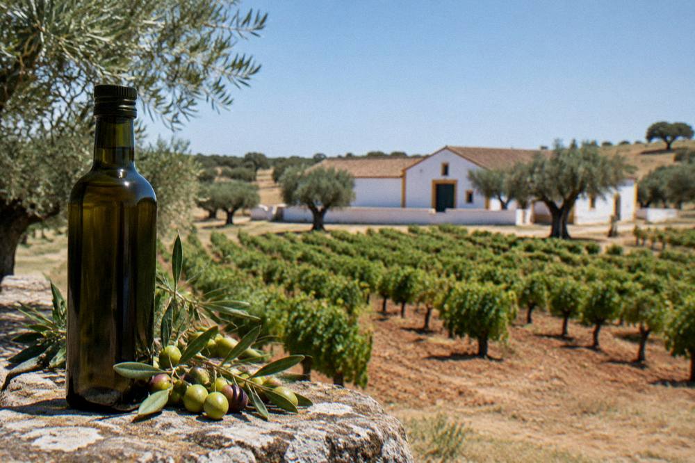 A close view of a dark glass bottle of olive oil beside fresh olives on a branch