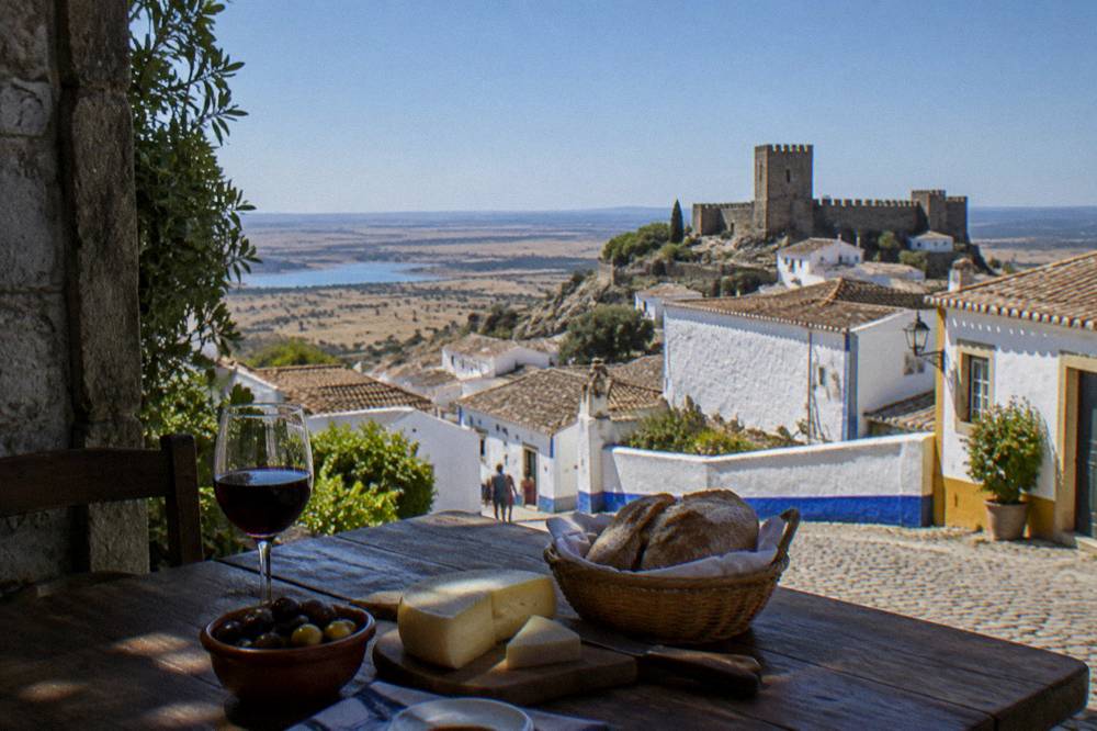 Table with Alentejo bread, cheese, olives and a glass of red wine
