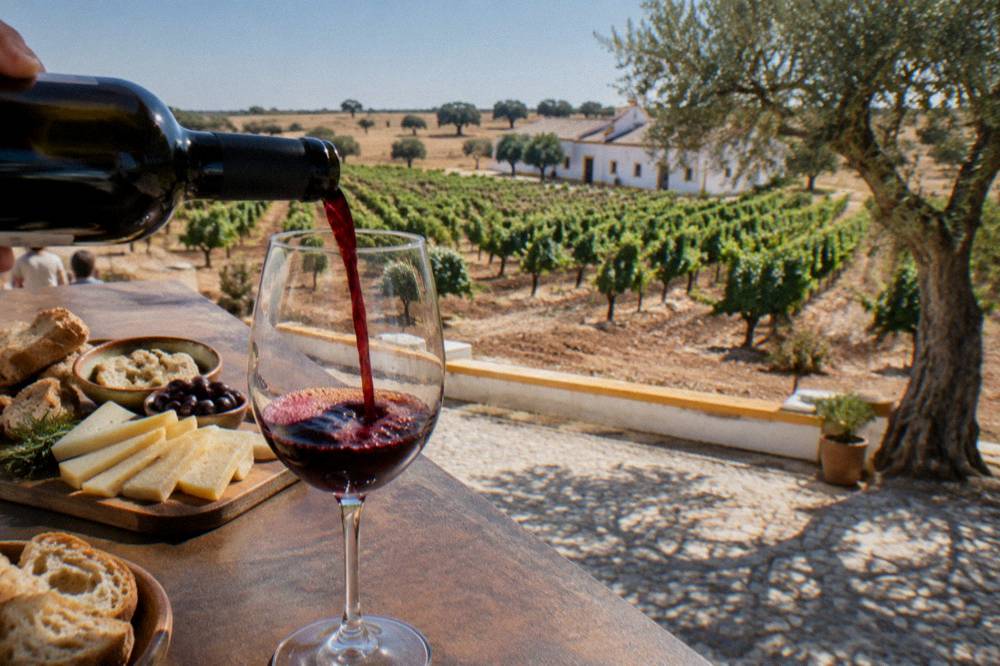 Close up of red wine being poured into a glass at a tasting counter with cheese and bread nearby