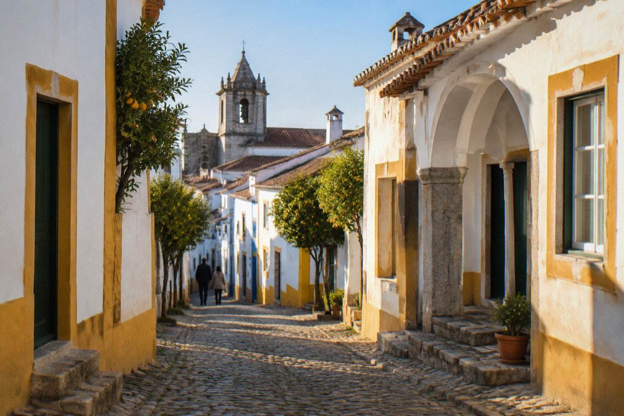 Golden late afternoon light on the whitewashed houses and tiled roofs inside the walled centre of Évora