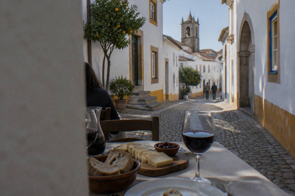A table set for an Alentejo lunch with bread, cheese and red wine in a small Évora restaurant