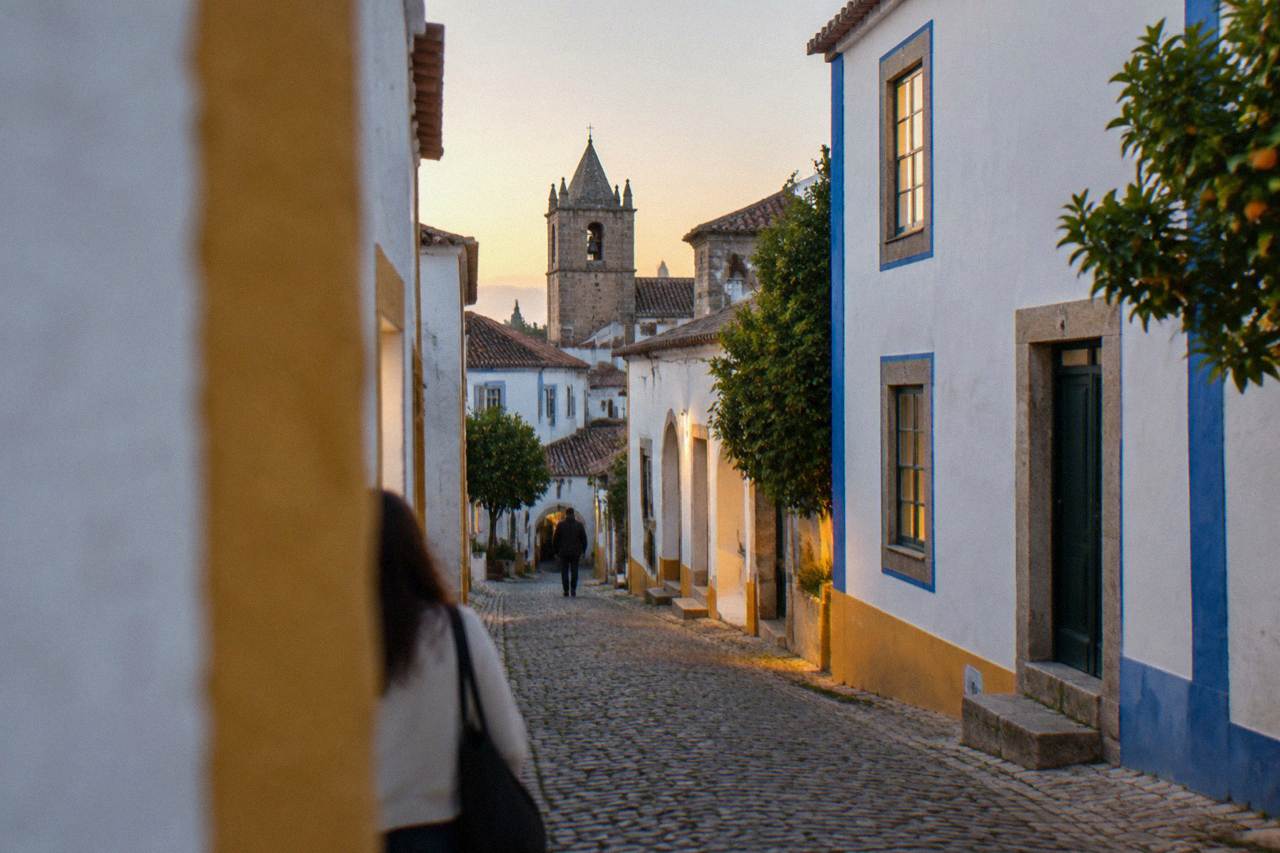 A quiet Évora street of white-walled houses with blue and yellow trim under a warm evening sky