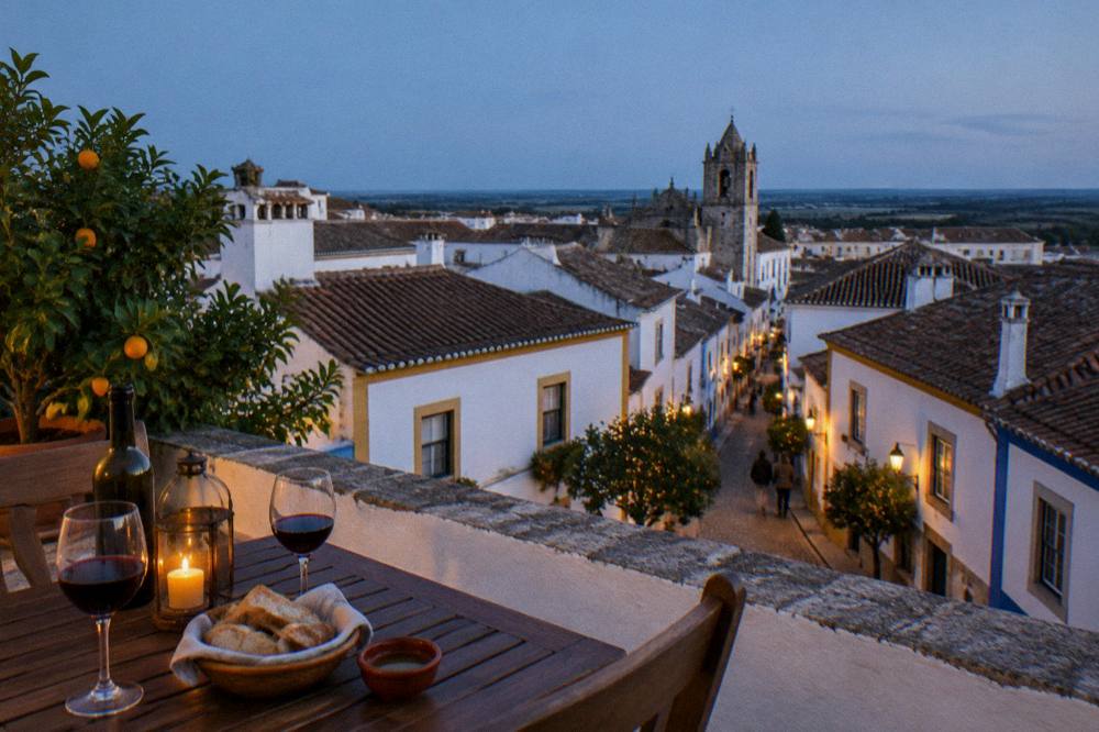 An evening table with wine glasses and Alentejo bread set on a terrace above Évora rooftops