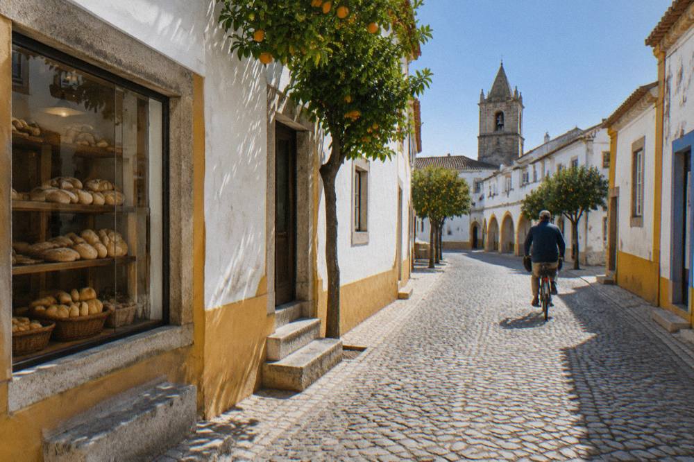A slow morning street scene in Évora with a bakery window and a cyclist passing whitewashed walls