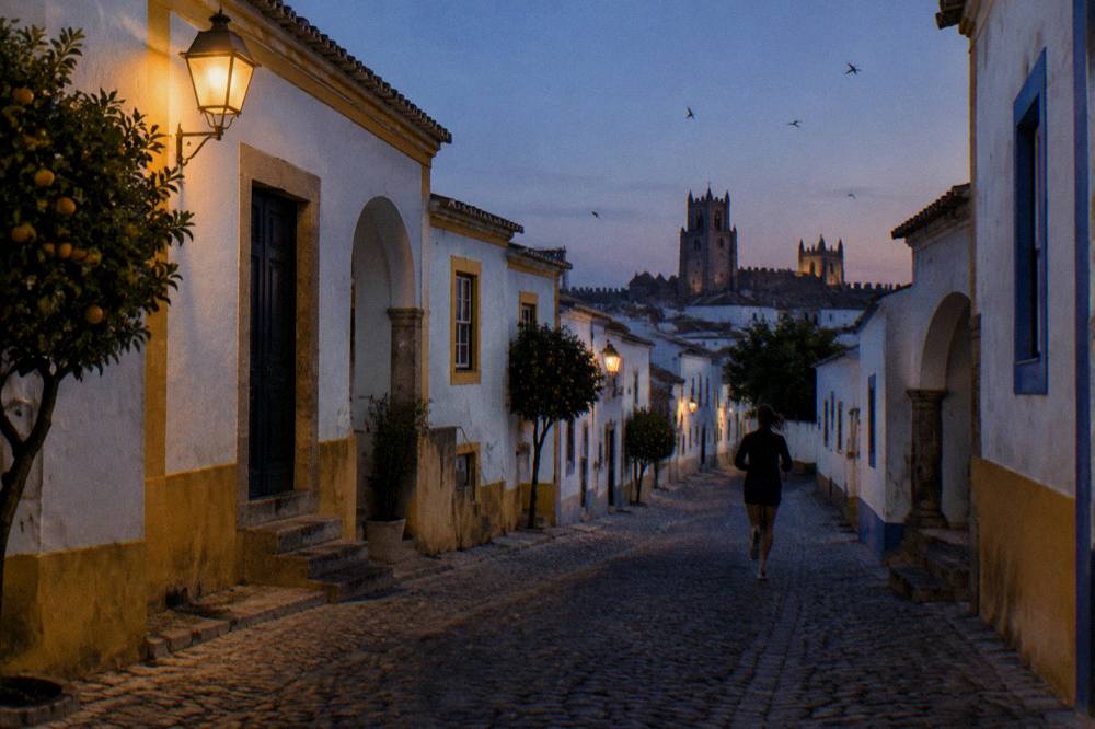 The Évora skyline at dusk with the cathedral silhouette and swallows over the rooftops