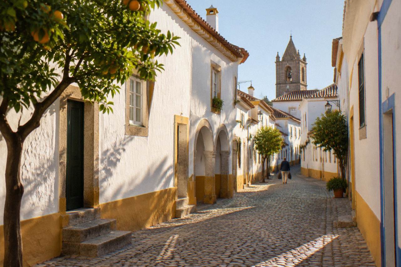 Golden late afternoon light on the whitewashed houses and tiled roofline of a street inside the walled centre of Évora