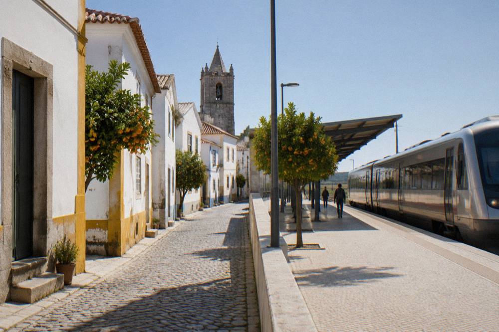 A modern Intercidades train waiting at a station platform on the Lisbon to Évora line