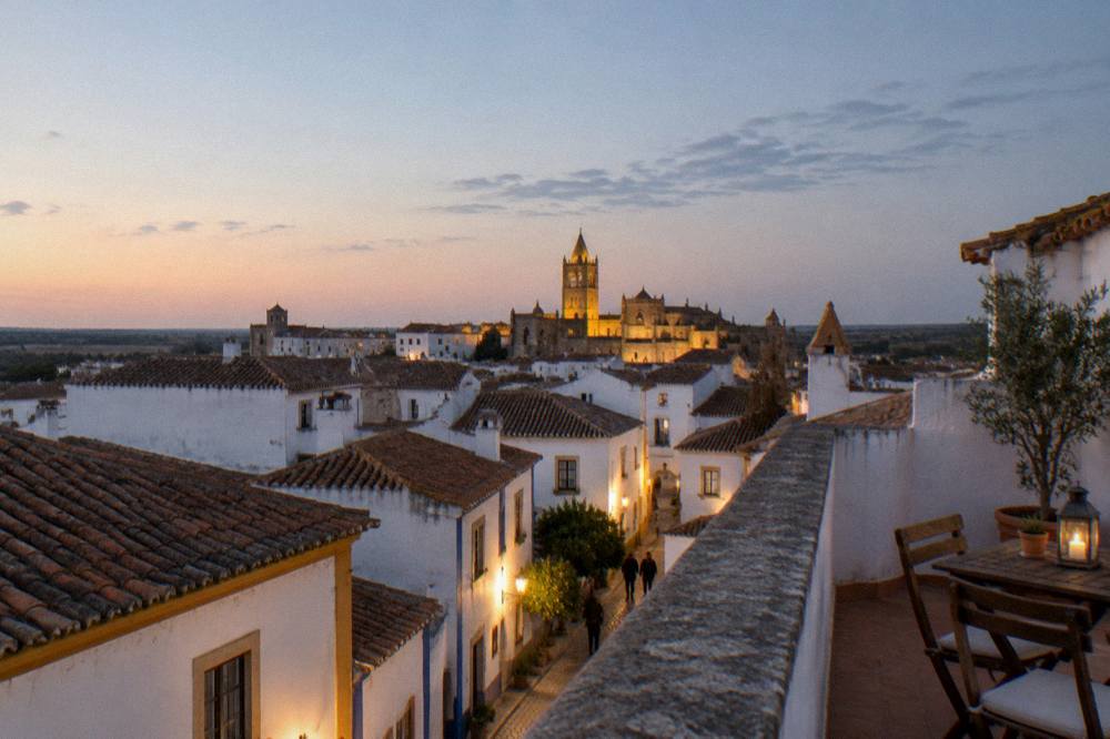 The illuminated towers and rooftops of Évora seen at dusk from a rooftop terrace