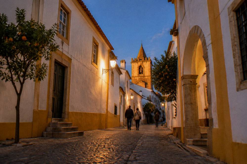 Golden evening light on the rooftops and church towers of Évora in autumn