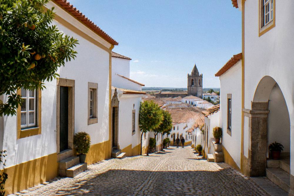 Simple guesthouse room with whitewashed walls and a view over Évora rooftops