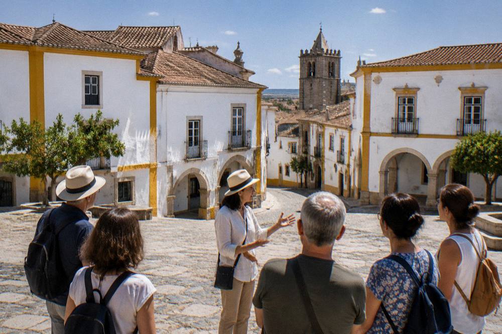 A guide speaking to a small group of visitors in a sunlit Évora square