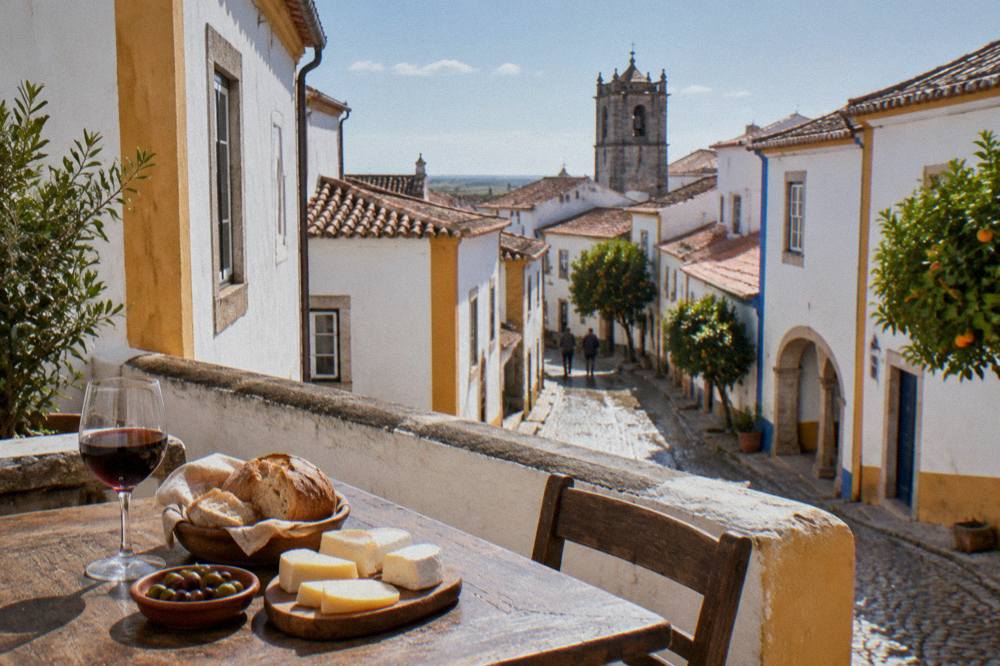 A rustic Alentejo table set with bread, cheese, olives and a glass of red wine