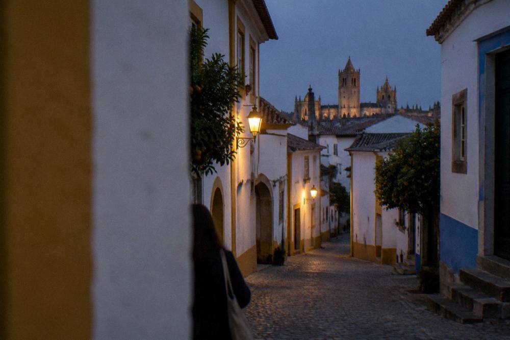 Evening light on Évora's cathedral towers seen past the rooftops of the old town