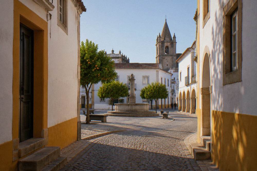 Quiet square in Évora with a fountain, orange trees and benches in the early morning