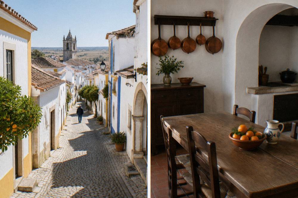 A traditional Alentejo kitchen interior with whitewashed walls and copper pans