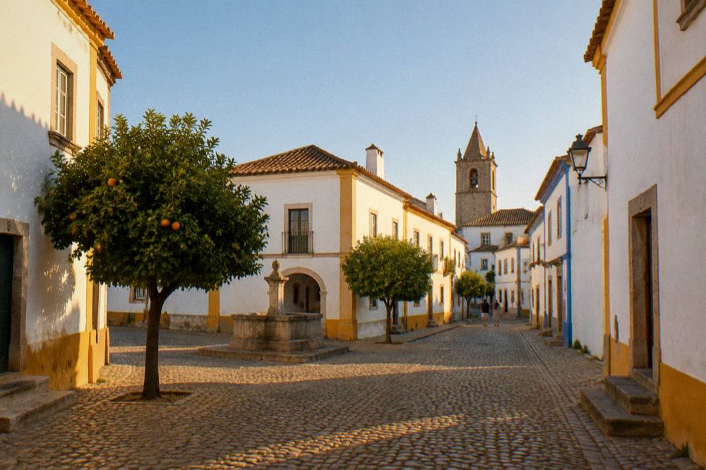 Golden late afternoon light on whitewashed buildings and a cobbled square in Évora