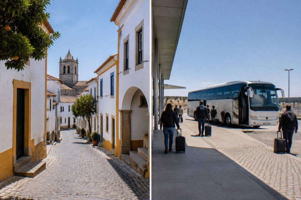 Long-distance coach parked at a Portuguese bus terminal with travellers waiting with luggage