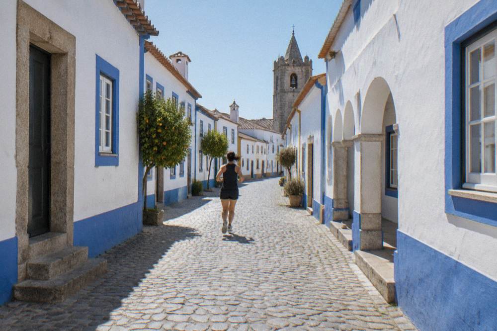 Narrow cobbled street inside Évora's walled old town with white-washed houses and blue trim