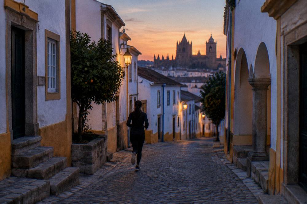 Evening view over Évora rooftops with the cathedral silhouette against an orange sky