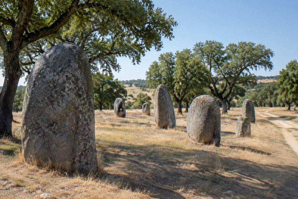 Standing stones of the Almendres cromlech scattered across a grassy rise among cork oaks