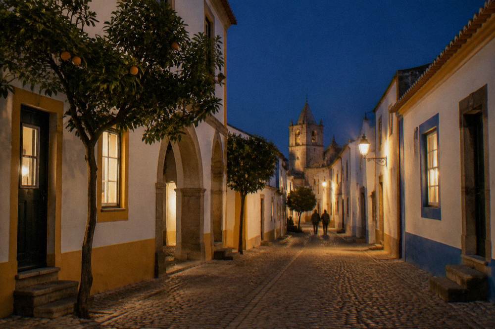 A quiet evening street inside the walls of Évora with lit windows and stone facades