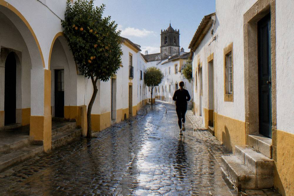 A long-distance coach travelling on an empty road across the rolling Alentejo plain