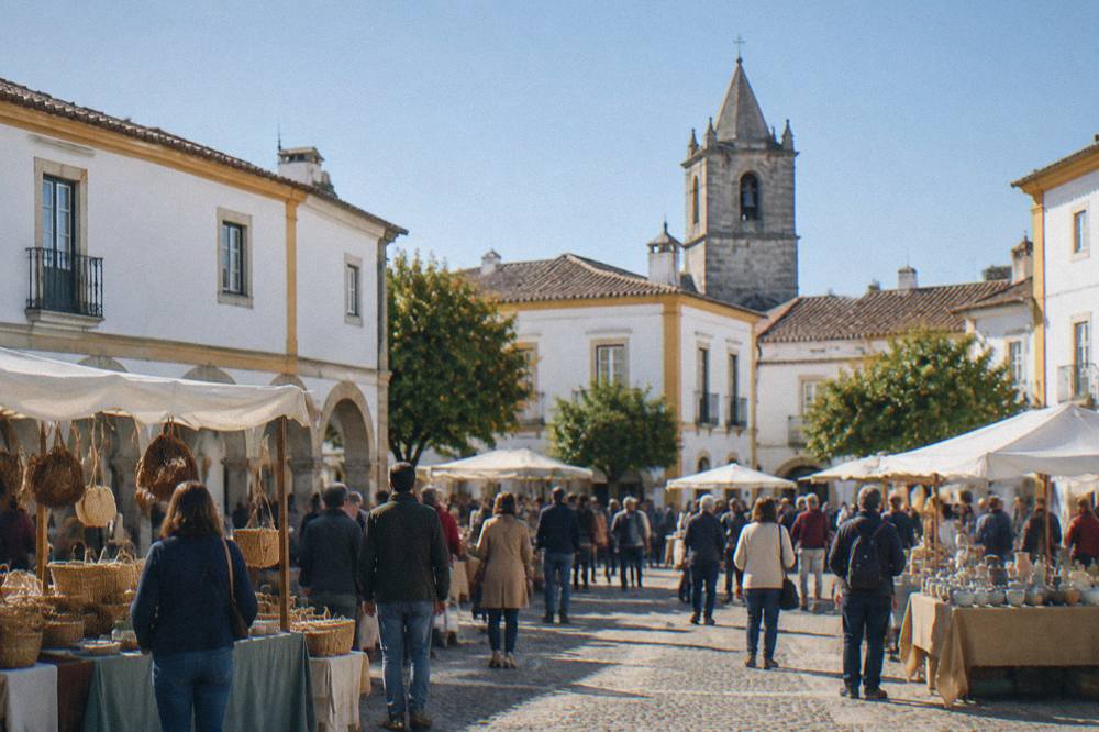 A lively outdoor fair with stalls and crowds on a wide open square in Portugal