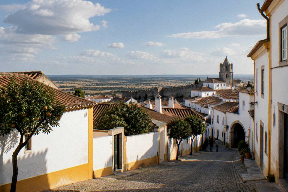 A wide view over the rooftops and walls of Évora toward the plain beyond at golden hour
