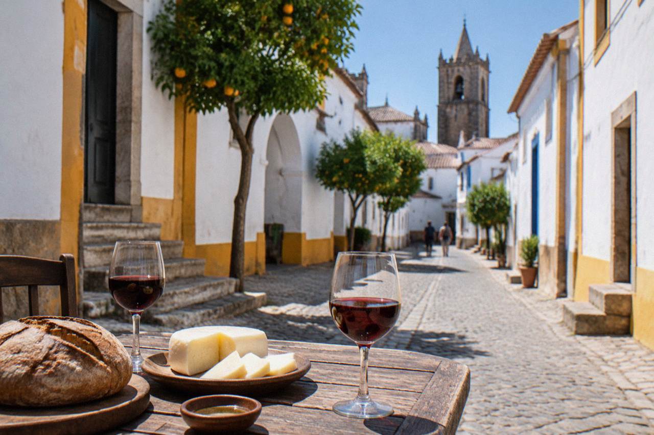 A rustic Alentejo table set with sheep's milk cheese, a loaf of country bread and glasses of red wine