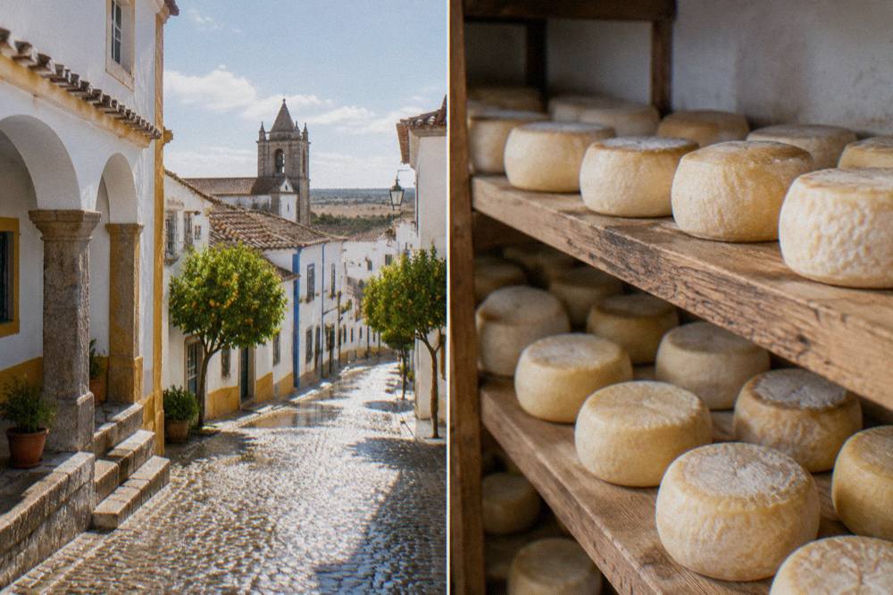 Small round sheep's milk cheeses maturing on a wooden shelf in an Alentejo dairy