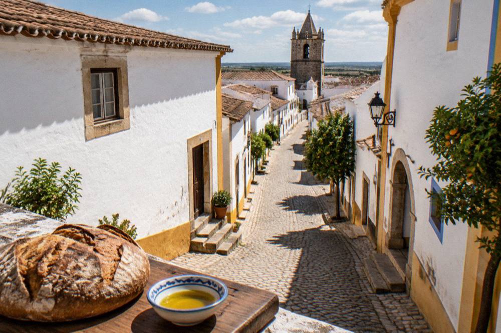 A thick-crusted round Alentejo wheat loaf on a wooden board beside a bowl of olive oil