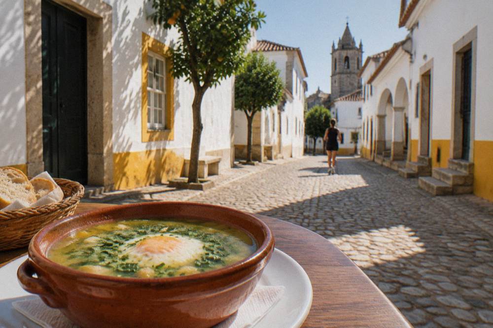 A bowl of açorda, the Alentejo bread and coriander soup, with a poached egg on top