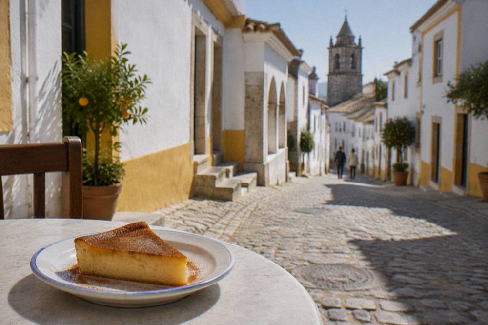 A slice of sericaia, a baked egg custard dessert dusted with cinnamon, on a small plate