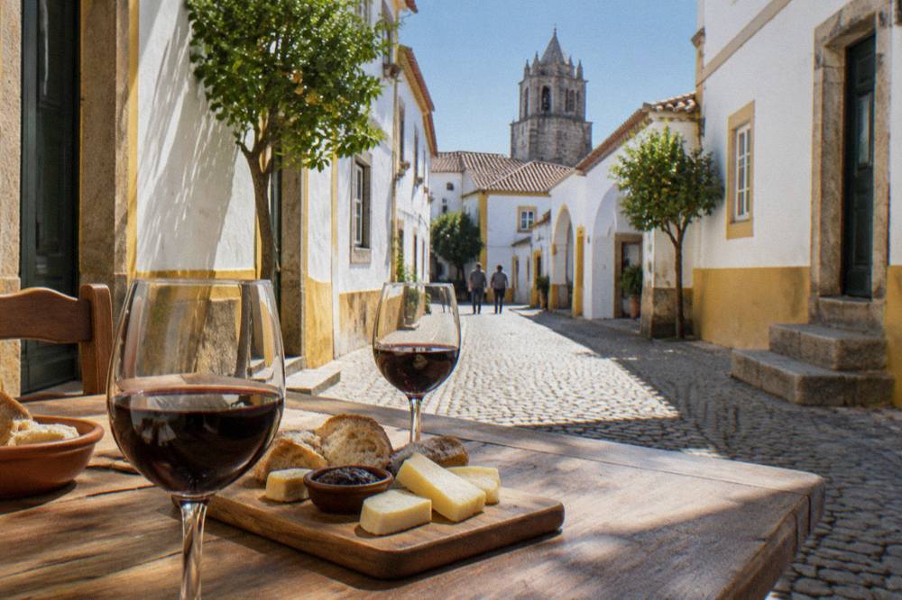 Glasses of Alentejo red wine poured at a wooden table with bread and cheese