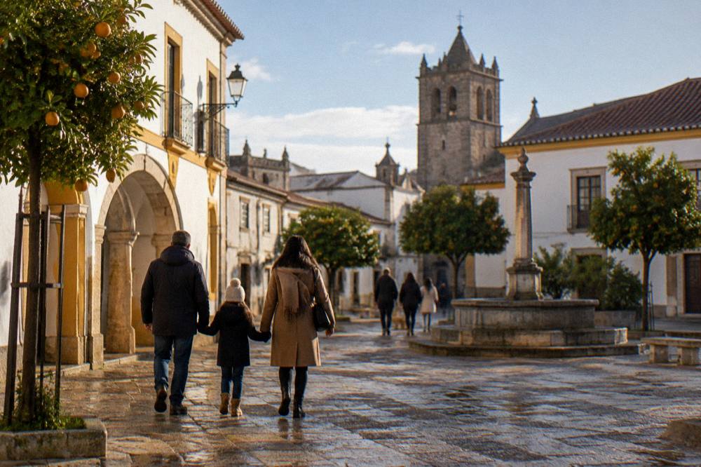 A family walking through a decorated square in Évora wearing winter coats and scarves