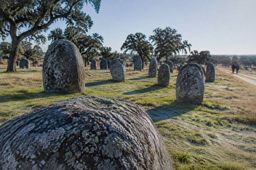 Standing stones of the Almendres cromlech on a frosty open plain under a pale winter sky