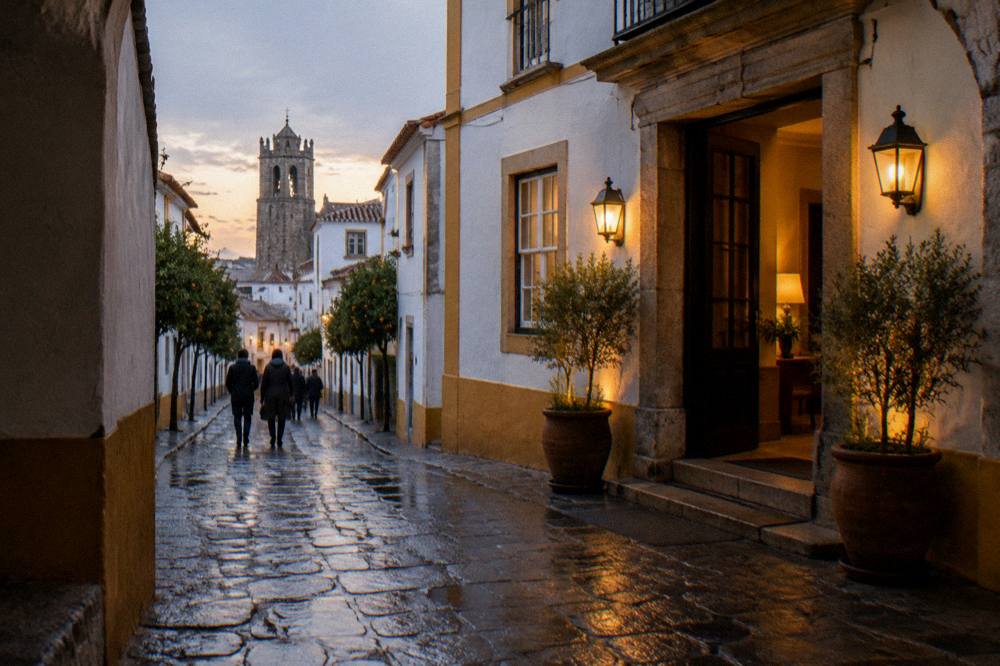 A warmly lit hotel entrance on a stone street in Évora on a December evening