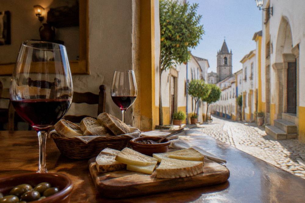 Table set with Alentejo wine, bread and cheese in a warm tavern interior