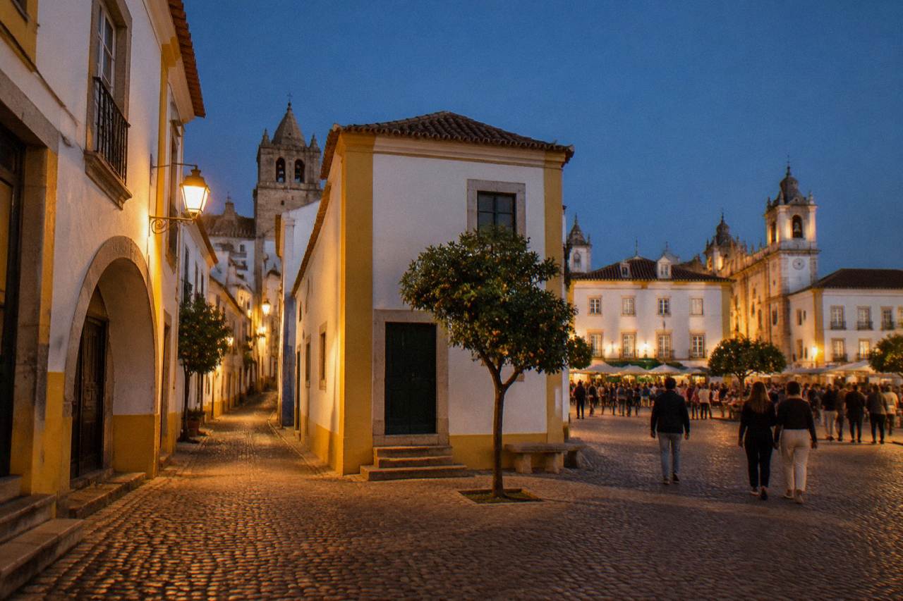 Evening crowds filling a wide square in Évora beneath church towers and white buildings with yellow trim
