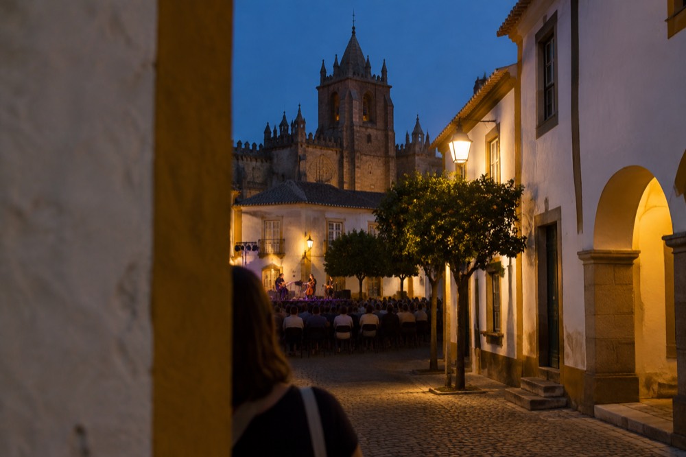 Open-air stage and audience in a historic Évora square at dusk with the cathedral silhouette behind